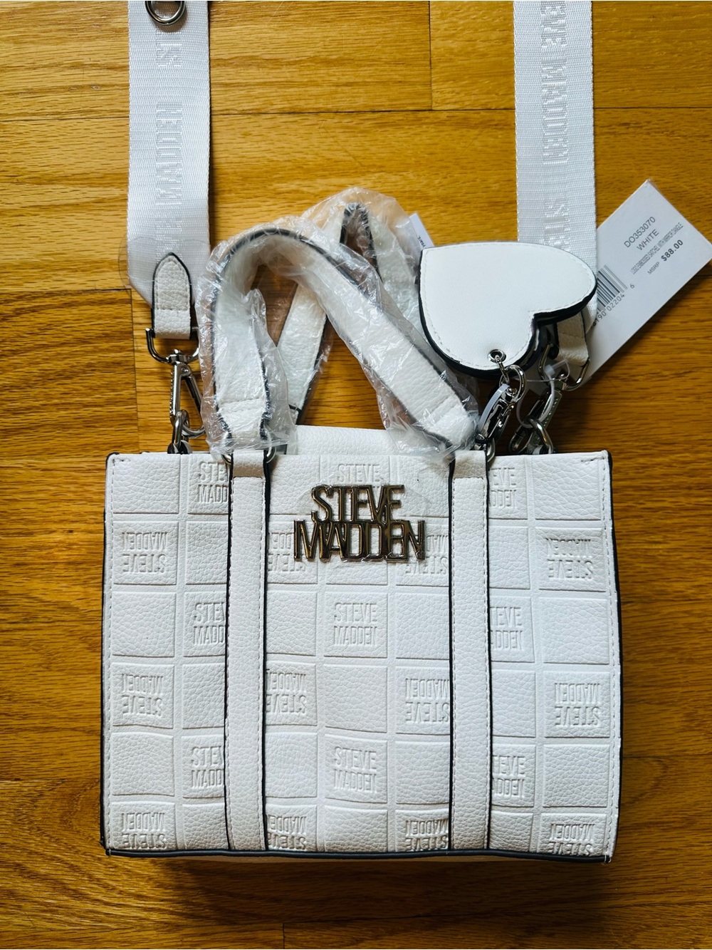 Steve Madden White Mini Tote with embossed Logo and Removable Strap